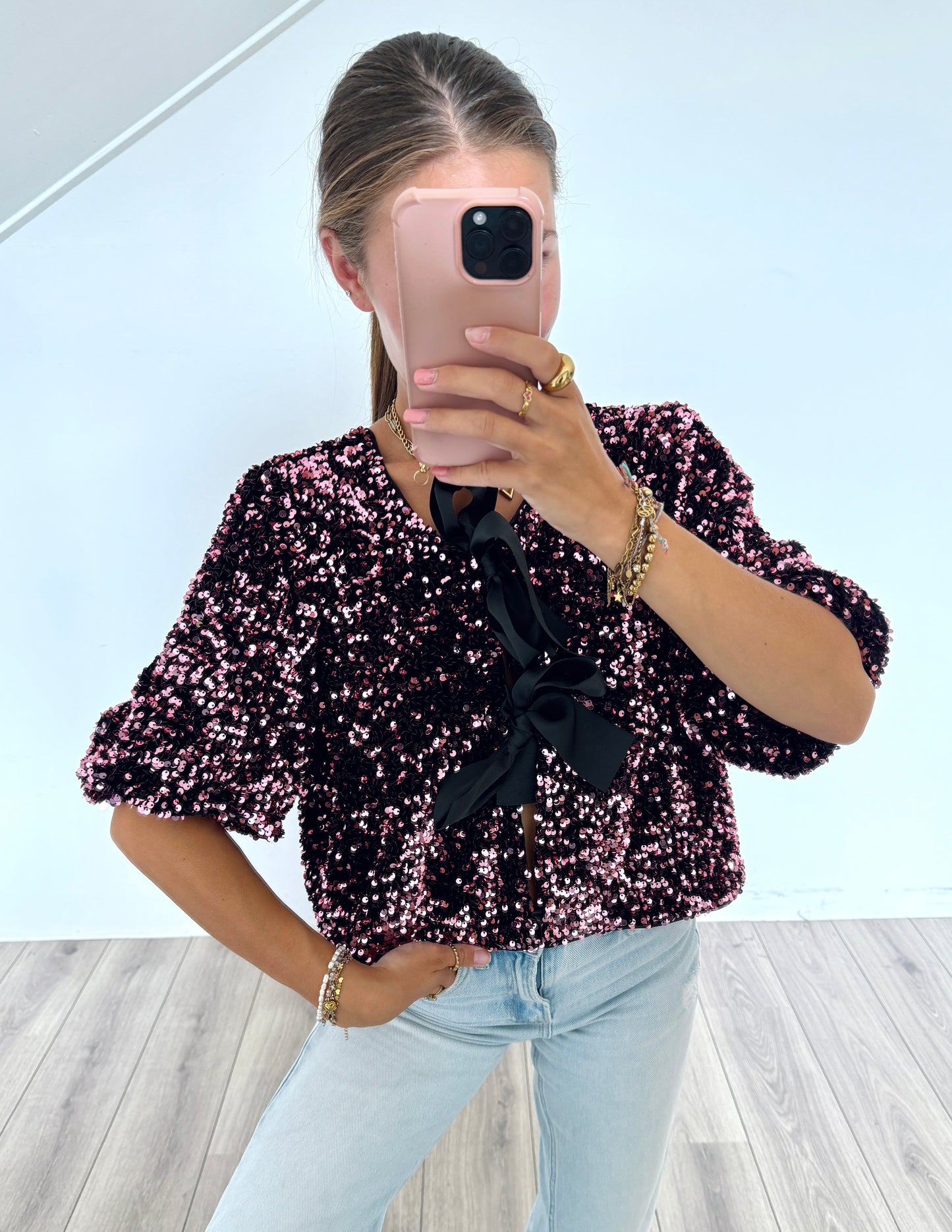 Gina Tricot glittertop met strikjes maat L