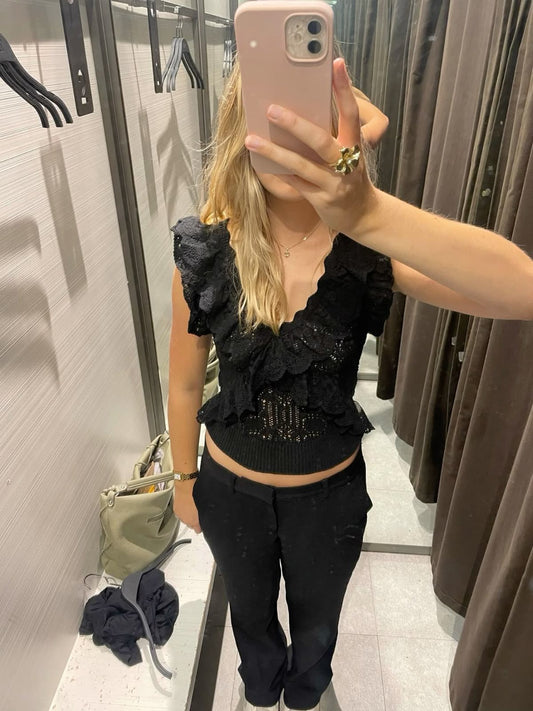 Zara zwarte ruffle top maat L