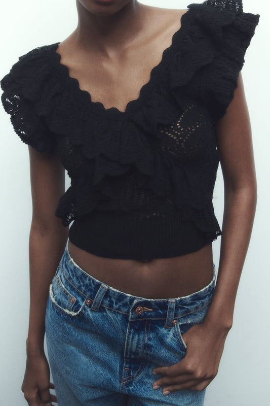 Zara zwarte ruffle top maat M