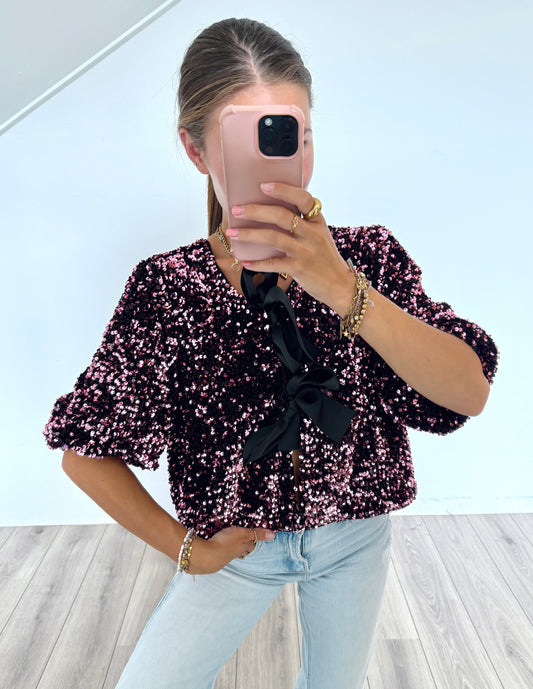 Gina Tricot glittertop met strikjes maat L