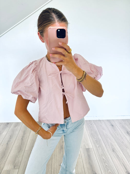 Gina Tricot roze top met strikjes maat M