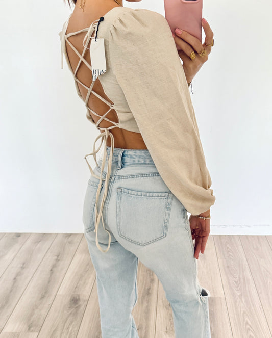 Zara linnen top open rug maat S